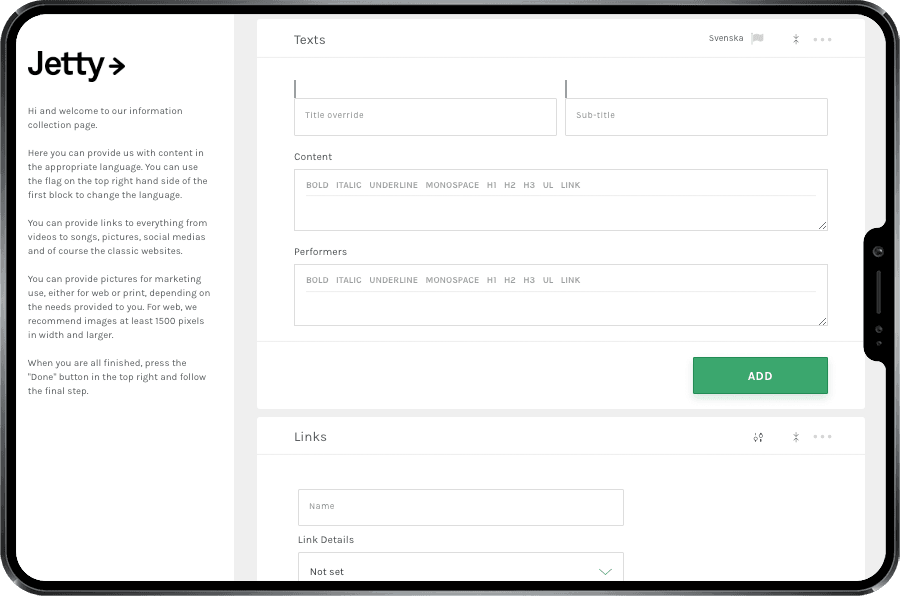 Collect texts, bios, and pictures by letting press & PR representatives do it for you, directly into Jetty.